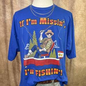 Vintage 90s Fishing T-Shirt Blue Graphic Tee Short Sleeve Outdoor Dad Funny